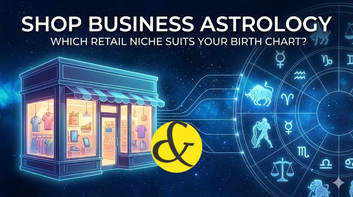 An astrological concept illustration showing a modern storefront with glowing zodiac symbols representing the 7th House and Mercury, symbolizing business luck and daily income.