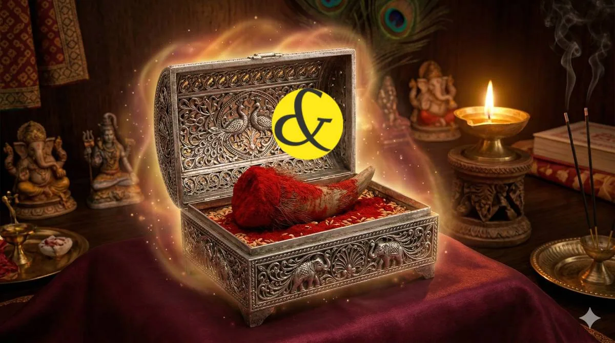 Siyar Singhi covered in Sindoor placed inside a silver box for wealth and protection.