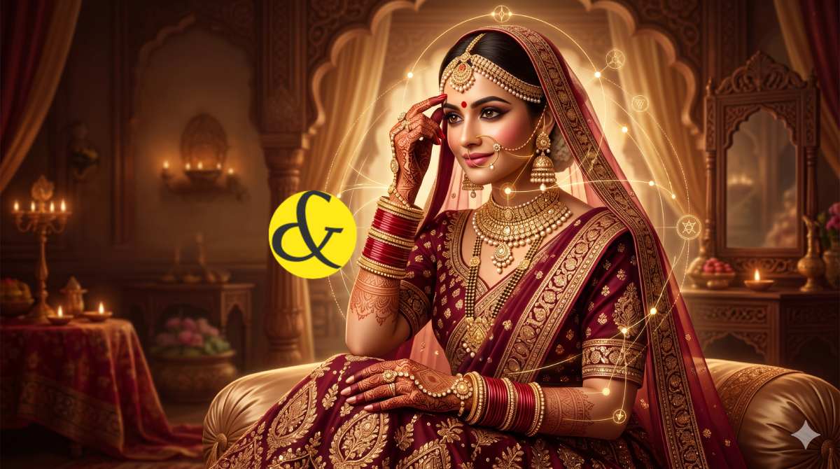 | A beautiful Indian bride adorned in traditional red        |
