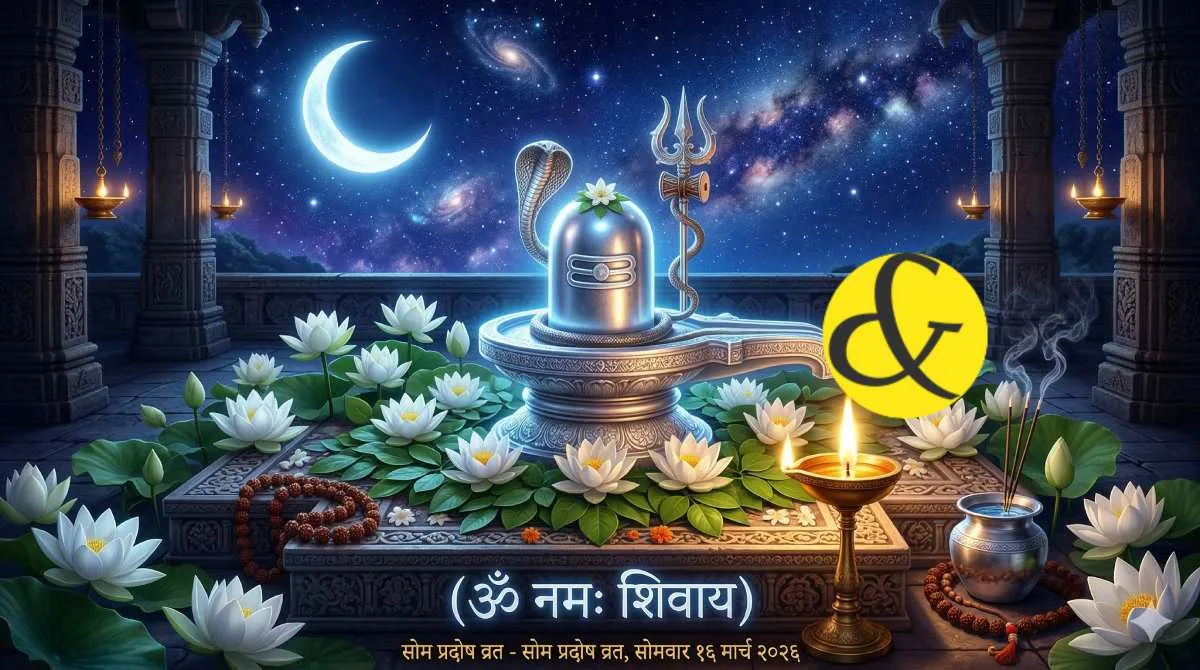 Glowing silver Shivling with a crescent moon and traditional Puja offerings representing the Som Pradosh Vrat on 16 March 2026.