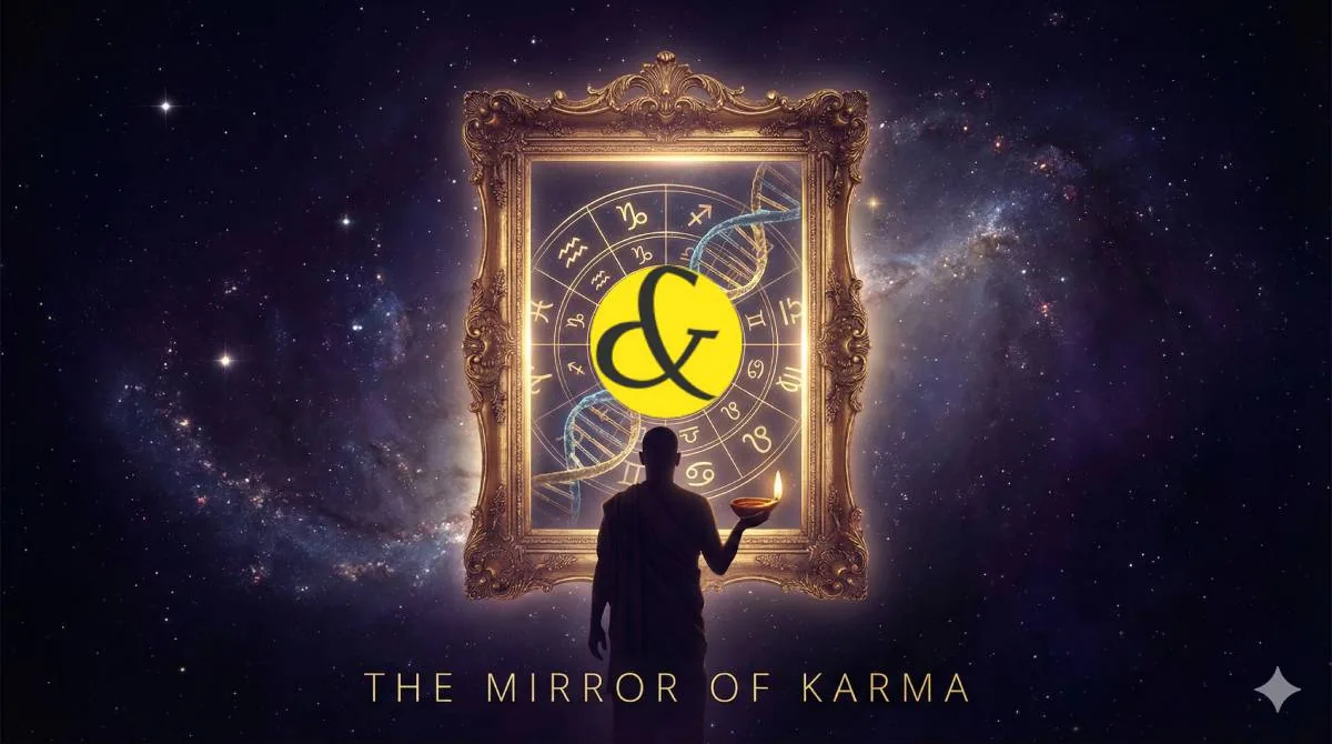 A mirror reflecting a horoscope chart representing the soul's karmic journey.