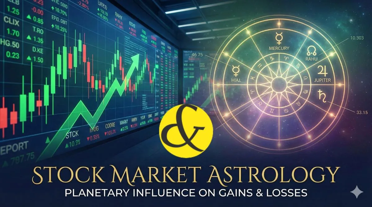 A split image showing a stock market candlestick chart on the left and a Vedic horoscope chart on the right, symbolizing the connection between planetary movements and financial trends.