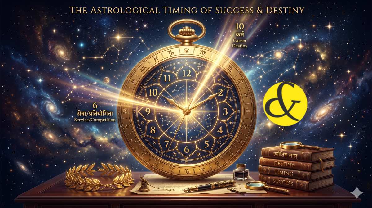 | A glowing Vedic birth chart overlayed on a golden compass, |
