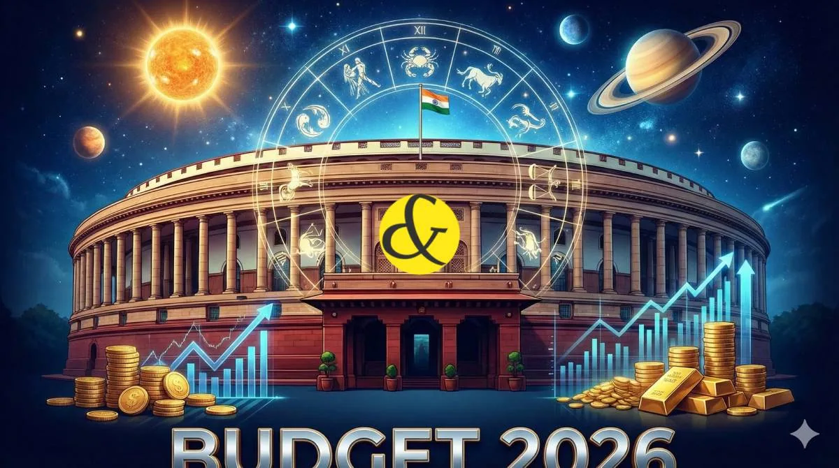 Red Budget Briefcase with Astrological symbols representing Union Budget 2026 predictions.