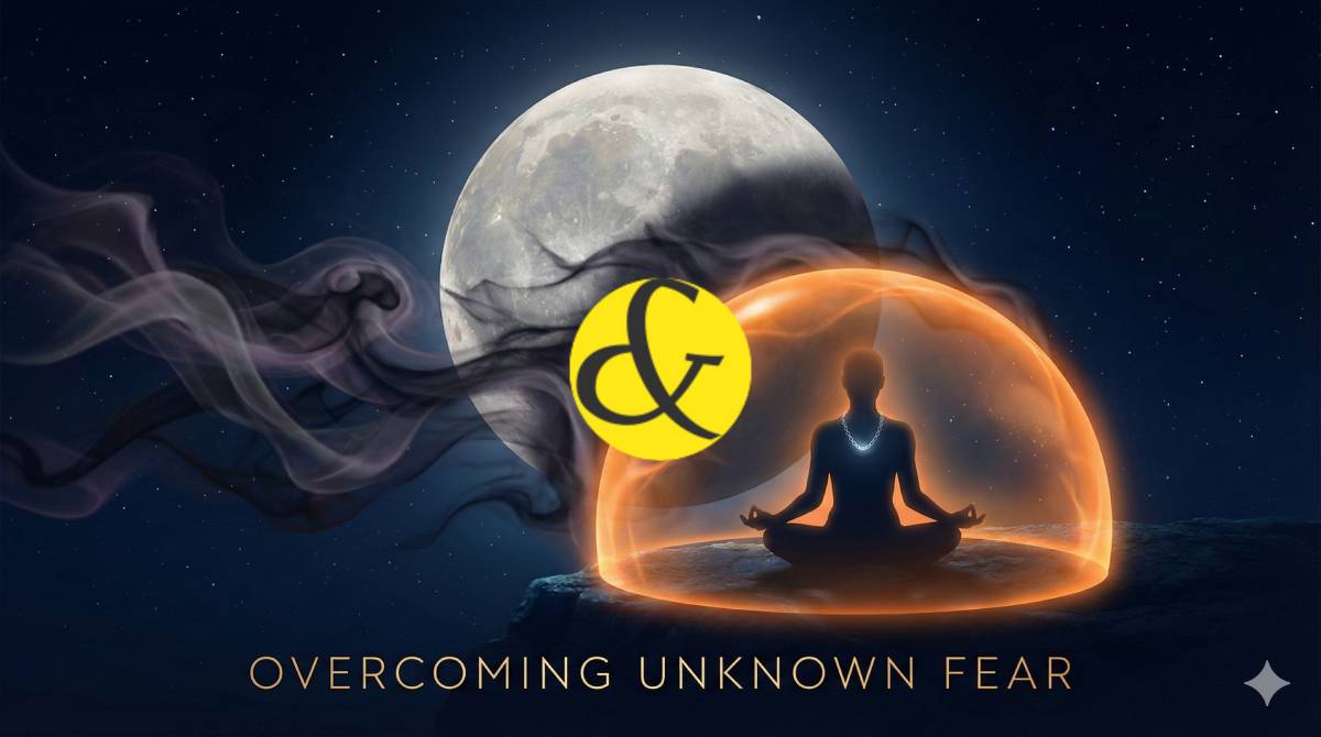 A glowing shield protecting a person from the shadow of Rahu and fear.