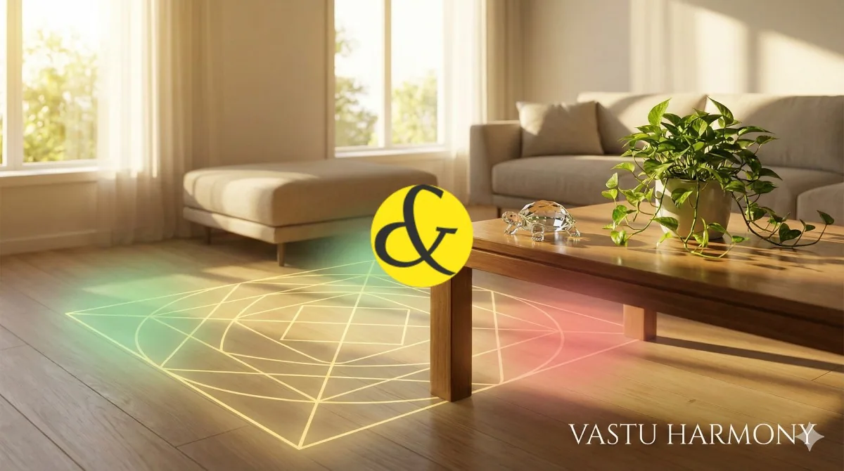A modern, airy living room design with a glowing geometric Vastu Purusha Mandala overlay on the floor. Key directions are highlighted: North (Green/Tortoise), South-East (Red Glow), and a clutter-free bedroom insert, representing harmonious energy flow.
