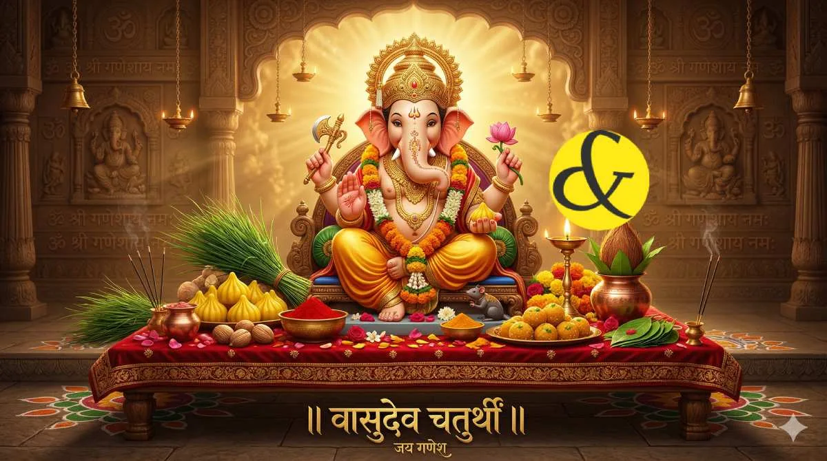 Beautiful idol of Lord Ganesha adorned with Durva grass and Modaks for Vasudev Vinayaka Chaturthi Puja on 22 March 2026.