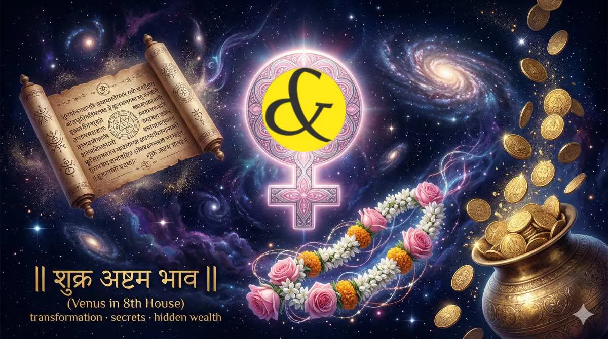 Glowing pink Venus surrounded by symbols of hidden wealth, spirituality, and marriage, representing the effects of Venus in the 8th House in Vedic astrology.