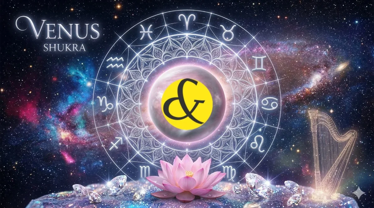 Glowing pink planet Venus surrounded by 12 zodiac sign symbols representing its astrological effects on love, wealth, and personality.