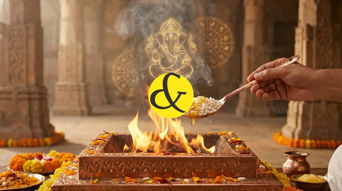 A hyper-realistic depiction of a Vedic fire ritual (Havan). A copper Havan Kund burns with sacred fire. A hand is offering 'Laja' (puffed rice) into the flames. In the smoke, faint ethereal outlines of Lord Ganesha and a horoscope chart (Kundli) are visib