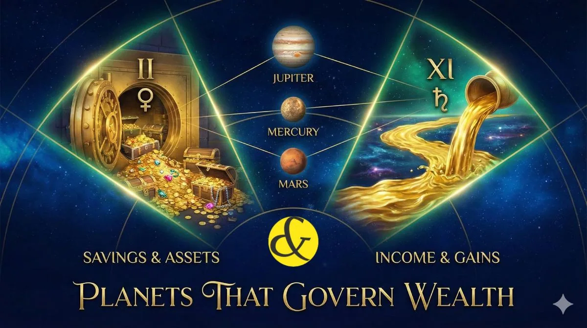 An astrological diagram showing a treasure chest in the 2nd House and a flowing river of gold in the 11th House, symbolizing the difference between savings and income.