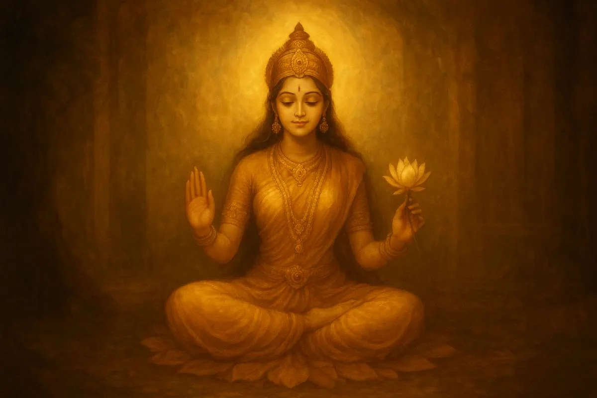 A serene spiritual illustration showing soft golden light, symbolizing Goddess Lakshmi’s presence in a peaceful and pure environment.