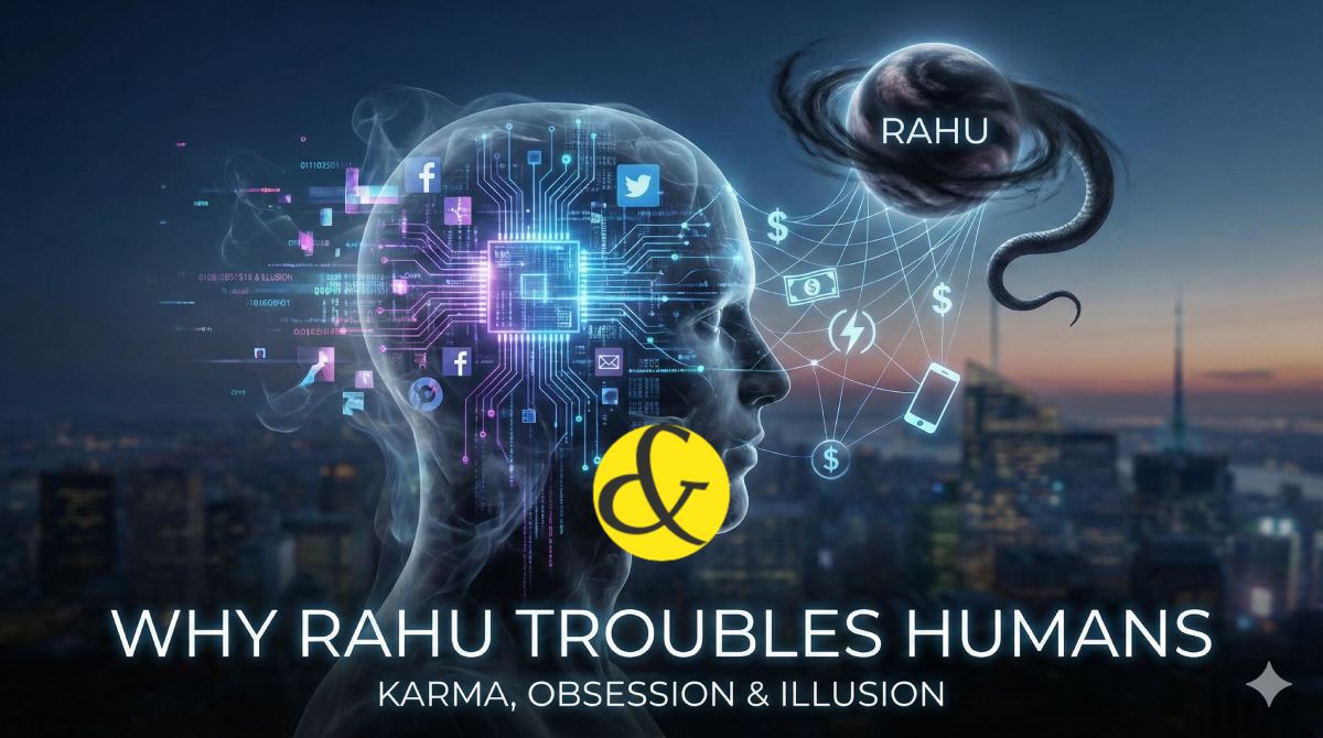 A surreal illustration of a human silhouette with a smoky, digital cloud around the head, representing Rahu's illusion and influence on the modern mind.