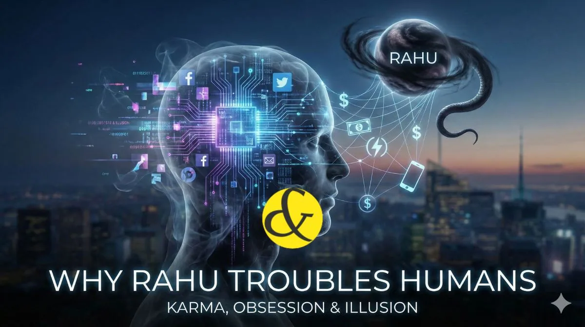 A surreal illustration of a human silhouette with a smoky, digital cloud around the head, representing Rahu's illusion and influence on the modern mind.