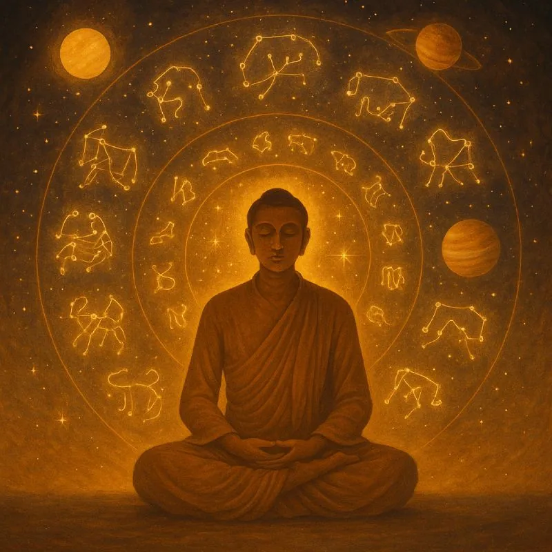 A serene illustration of a person meditating with glowing zodiac signs and planets in the background, symbolizing ancient Vedic astrology (Jyotish Vidya) and its positive guidance in daily life.