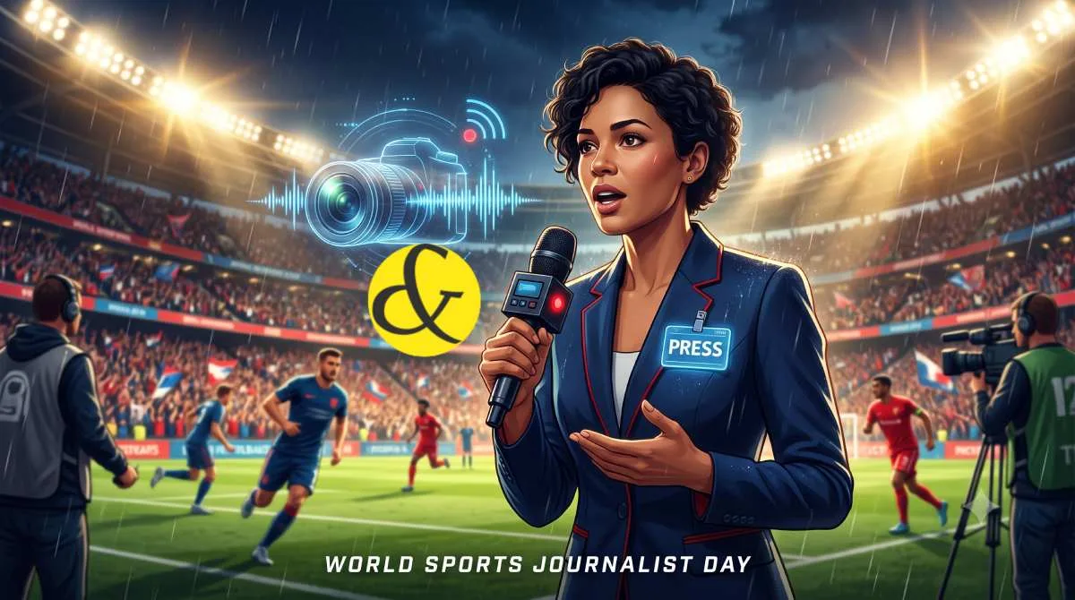 | A dynamic illustration showing a sports journalist with a |