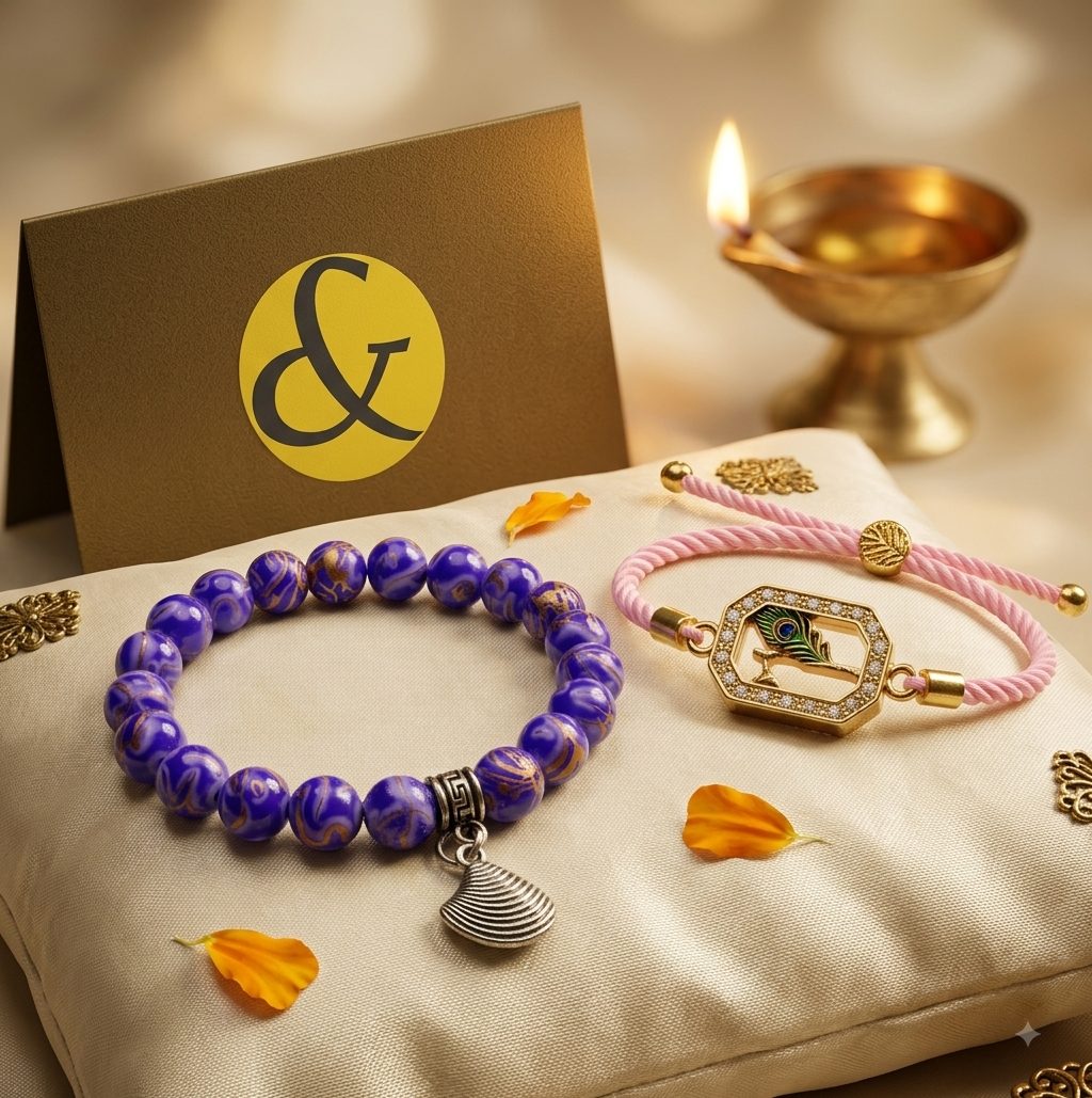 Amethyst Shell Charm Bracelet with Mor Pankh Rakhi Set