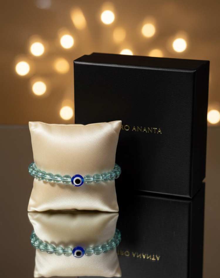 Aquamarine & Evil Eye "Shaant Suraksha" Calm Protection & Communication Bracelet - Gallery Image 3