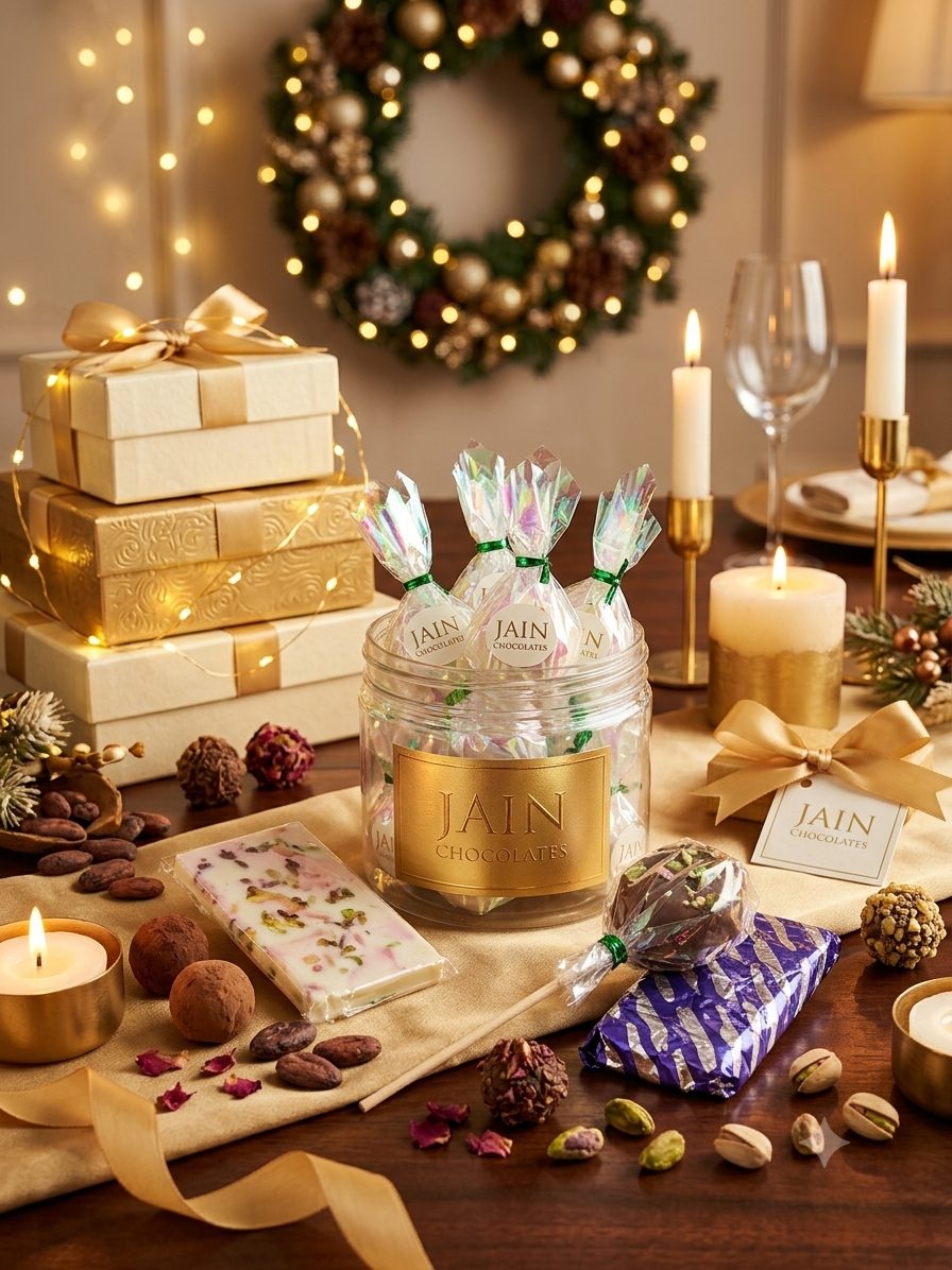 Glass jar of wrapped Jain Chocolates with a rose and pistachio white chocolate bar on a festive gold table setting